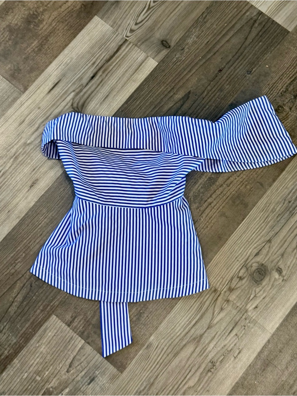 J.O.A. Blue and White Striped Off-Shoulder Tunic Top